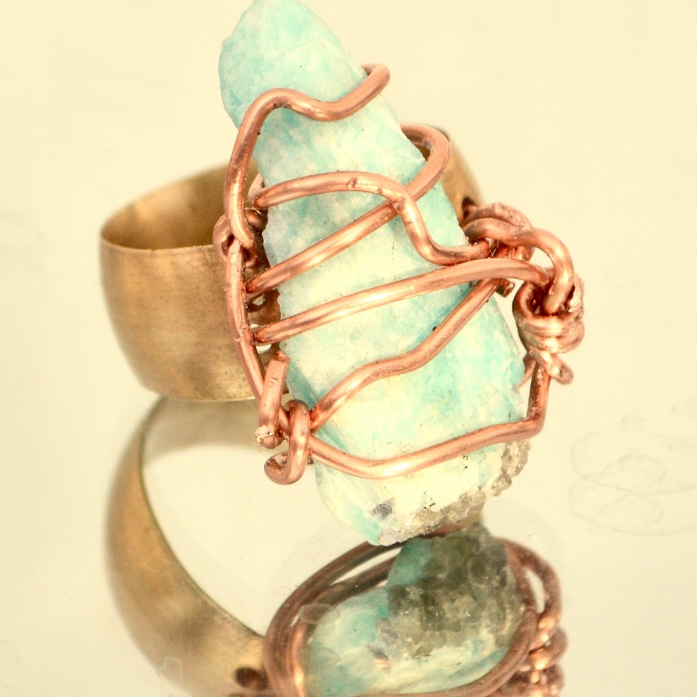 Custom Natural Blue Amazonite Brass Copper Ring - Picture 4 of 6